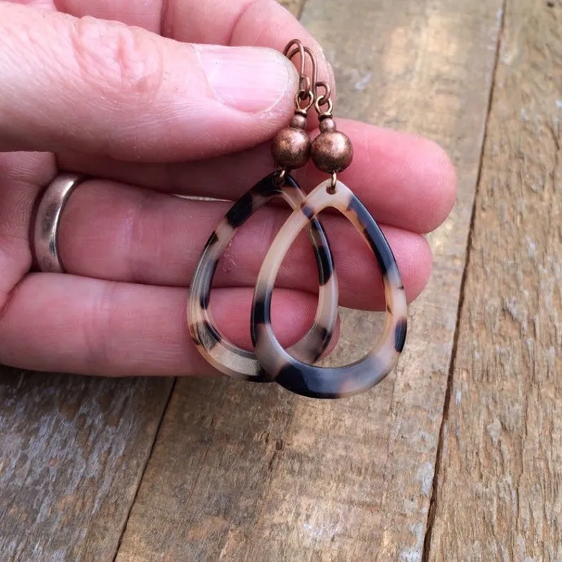 Tortoise Shell Earrings, Copper Jewelry, Acetate Dangle Earrings, Trendy Earrings