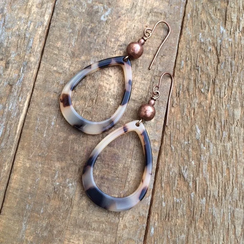 Tortoise Shell Earrings, Copper Jewelry, Acetate Dangle Earrings, Trendy Earrings